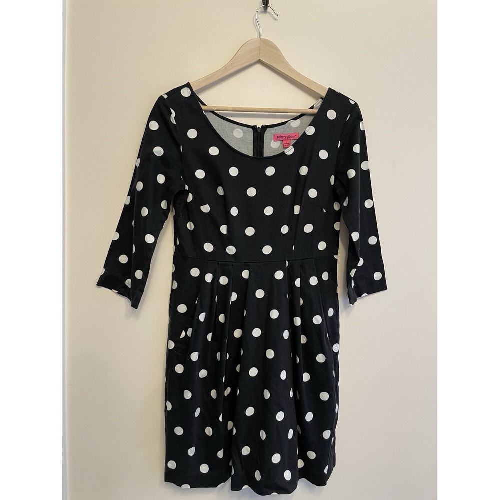 Betsey Johnson Polka Dot Dress Women Size 6 Black White Midi Pleated 3/4 Sleeve